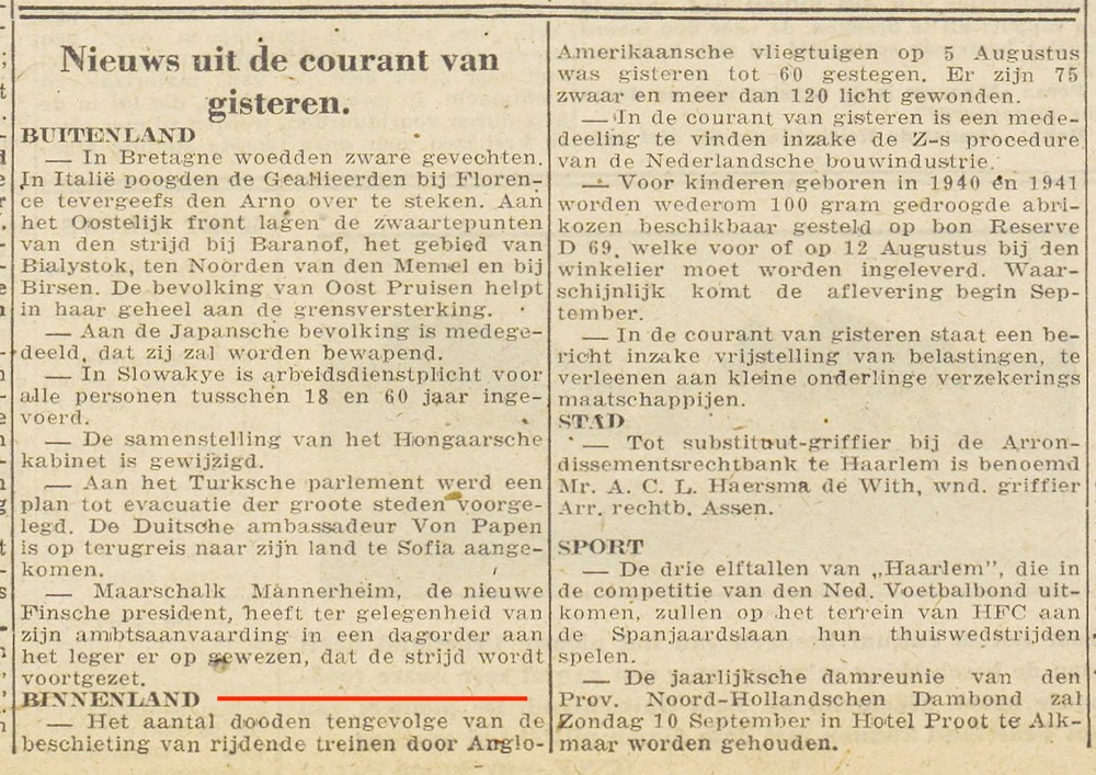 19440809-HC Nieuws uit de courant van gisteren, Binnenland